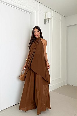 CONJUNTO DE CHIFON CALÇA PANTALONA + BATA MARRON