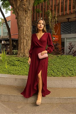 VESTIDO LONGO CREPE DE SEDA MANGA LONGA DECOTE V MARSALA