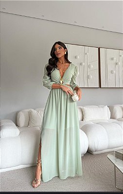 VESTIDO LONGO CHIFON COM RECORTE CINTURA E ARGOLA ML VERDE MENTA