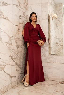VESTIDO LONGO PRADA MANGA VAZADA DECOTE V ML CAP LATERAL CINTURA MARSALA