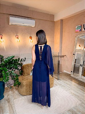 VESTIDO NEW MIDI CHIFON UNICA MANGA COM TRANSPARENCIA AZUL MARINHO