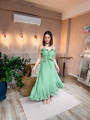 VESTIDO MIDI BABADO DECOTE V COM DETALHE SAIA  FLUIDO VERDE OLIVA