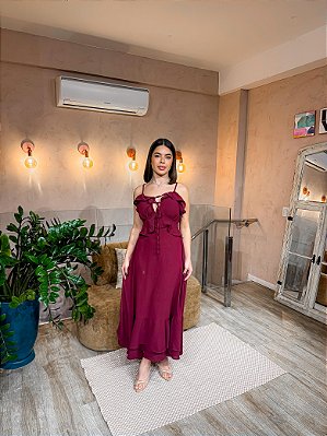 VESTIDO MIDI BABADO DECOTE V COM DETALHE SAIA  FLUIDO MARSALA