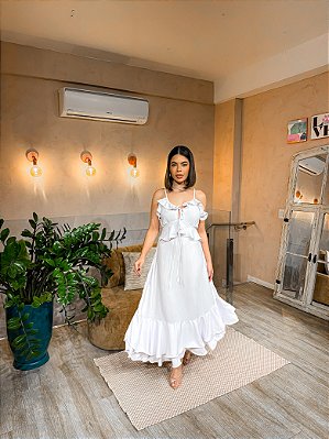 VESTIDO MIDI BABADO DECOTE V COM DETALHE SAIA  FLUIDO BRANCO