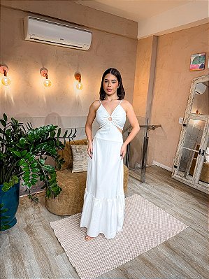 VESTIDO LONGO CREPE COM RECORTE CINTURA E ARGOLA ML BRANCO