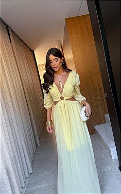 VESTIDO LONGO CHIFON COM RECORTE CINTURA E ARGOLA ML AMARELO