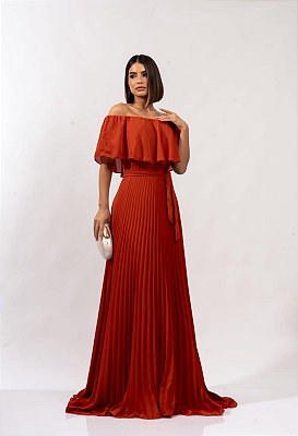 VESTIDO LONGO CHIFFON OMBRO A OMBRO SAIA PLISSADA TERRACOTA
