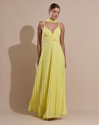 VESTIDO LONGO CHIFFON DE ALCINHA DECOTE TRES BABADOS SAIA PLISSADA AMARELO