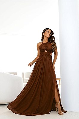 VESTIDO LONGO MICROTULE FRENTE UNICA DECOTE CINTURA TRANSPASSADO FENDA LATERAL MARROM