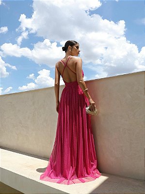VESTIDO LONGO MICROTULE DE ALCINHA BUSTO DRAPEADO ACINTURADO COM DETALHE FLOR FENDA LATERAL FUCSIA