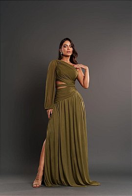 VESTIDO LONGO MICROTULE UM OMBRO SÓ MANGA LONGA VAZADO LATERAL VERDE OLIVA