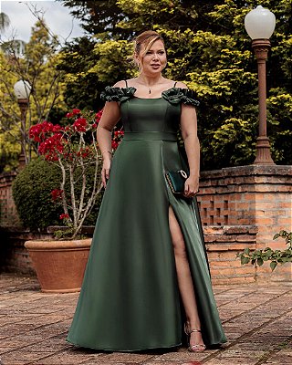 VESTIDO LONGO ZIBELINE ALCINHA COM DETALHE FLOR FENDA LATERAL VERDE OLIVA