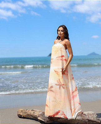VESTIDO LONGO CHIFFON FRENTE ÚNICA ESTAMPADO