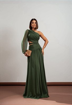 VESTIDO LONGO MICROTULE UM OMBRO SÓ MANGA LONGA VAZADO LATERAL VERDE ESMERALDA