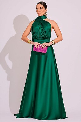 VESTIDO LONGO SEDA DECOTE V FRENTE UNICA VERDE ESMERALDA