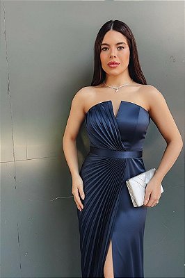 VESTIDO LONGO SEDA TOMARA QUE CAIA METADE PLISSADO METADE LISO FENDA FRENTE AZUL MARINHO