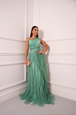 VESTIDO LONGO MICROTULE UM OMBRO SÓ COM DETALHE DRAPEADO NA CINTURA SAIA BABADO VERTICAL VERDE MENTA