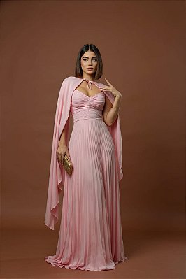 VESTIDO LONGO CHIFFON PLISSADO ALCINHA CAPA ROSÊ