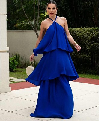 VESTIDO LONGO CREPE DE SEDA EM CAMADAS ALCINHA AZUL ROYAL