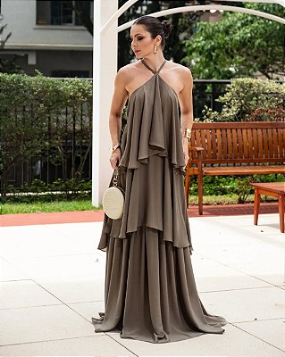 VESTIDO LONGO CREPE DE SEDA EM CAMADAS ALCINHA VERDE OLIVA