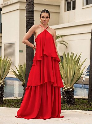 VESTIDO LONGO CREPE DE SEDA EM CAMADAS ALCINHA VERMELHO