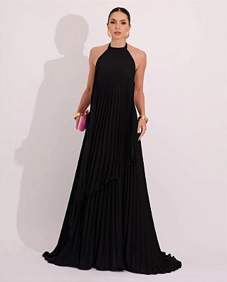 VESTIDO LONGO CHIFFON FRENTE ÚNICA PLISSADO SOBREPOSTO PRETO