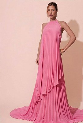 VESTIDO LONGO CHIFFON FRENTE ÚNICA PLISSADO SOBREPOSTO ROSA CHICLETE