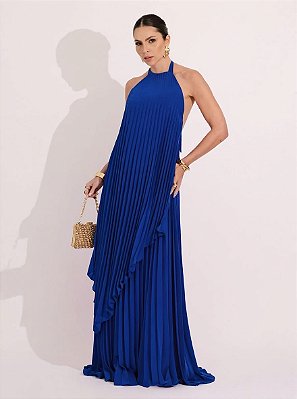 VESTIDO LONGO CHIFFON FRENTE ÚNICA PLISSADO SOBREPOSTO AZUL ROYAL
