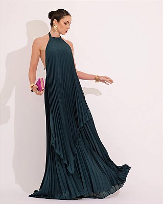 VESTIDO LONGO CHIFFON FRENTE ÚNICA PLISSADO SOBREPOSTO VERDE PETROLÉO