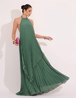 VESTIDO LONGO CHIFFON FRENTE ÚNICA PLISSADO SOBREPOSTO VERDE CLARO