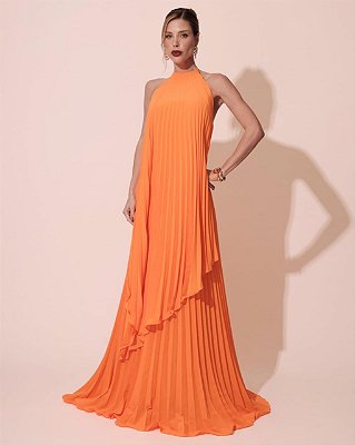 VESTIDO LONGO CHIFFON FRENTE ÚNICA PLISSADO SOBREPOSTO LARANJA