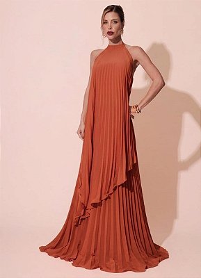 VESTIDO LONGO CHIFFON FRENTE ÚNICA PLISSADO SOBREPOSTO TERRACOTA