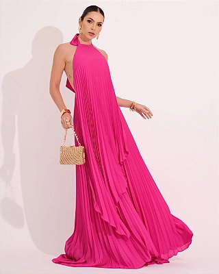 VESTIDO LONGO CHIFFON FRENTE ÚNICA PLISSADO SOBREPOSTO PINK