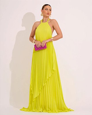 VESTIDO LONGO CHIFFON FRENTE ÚNICA PLISSADO SOBREPOSTO VERDE LIMA