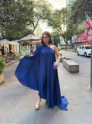 VESTIDO LONGO CHIFFON DE UM OMBRO SÓ MANGA CAPA COM BOTÃO ROYAL