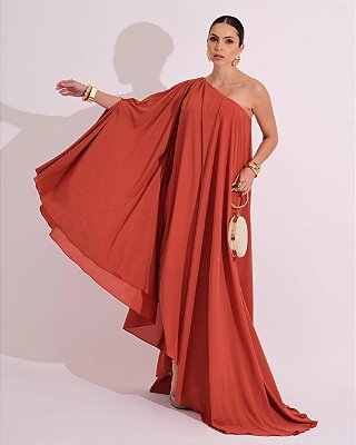 VESTIDO LONGO CHIFFON DE UM OMBRO SÓ MANGA CAPA COM BOTÃO TERRACOTA