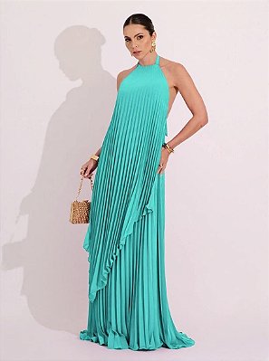 VESTIDO LONGO CHIFFON FRENTE ÚNICA PLISSADO SOBREPOSTO VERDE TIFFANY