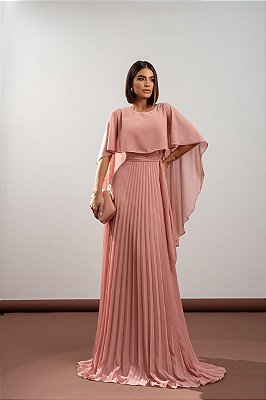 VESTIDO LONGO PLISSADO COM MANGA CAPA ROSE