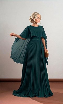 VESTIDO LONGO PLISSADO COM MANGA CAPA VERDE PETROLEO