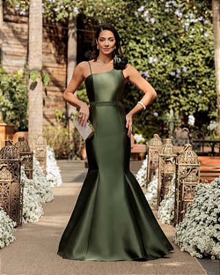 VESTIDO LONGO ZIBELINE ALÇA FINA E ALÇA LARGA COM DETALHE FLOR VERDE OLIVA
