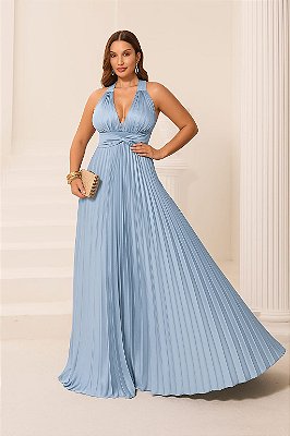 VESTIDO LONGO PLISSADO FRENTE ÚNICA COM DECOTE V  AZUL SERENITY