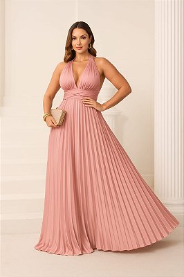 VESTIDO LONGO PLISSADO FRENTE ÚNICA COM DECOTE V  ROSE