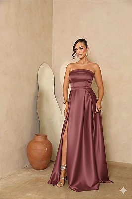 VESTIDO LONGO ZIBELINE TOMARA QUE CAIA FAIXA ACINTURADA E FENDA ROSA QUEIMADO