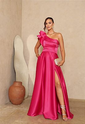 VESTIDO LONGO ZIBELINE OMBRO SÓ COM BABADO FENDA PINK