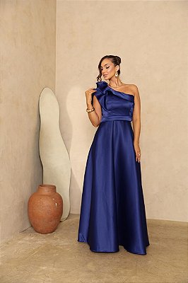 VESTIDO LONGO ZIBELINE OMBRO SÓ COM BABADO FENDA AZUL ROYAL