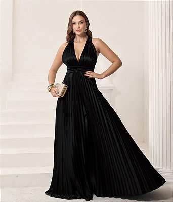 VESTIDO LONGO PLISSADO FRENTE ÚNICA COM DECOTE V  PRETO