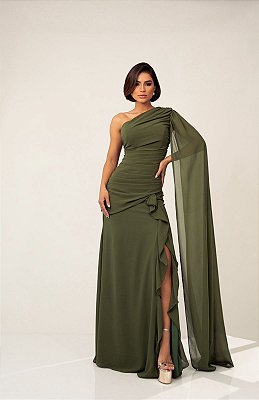 VESTIDO LONGO CREPE OMBRO SÓ COM MANGA CAPA CORPO TODO DRAPEADO VERDE OLIVA