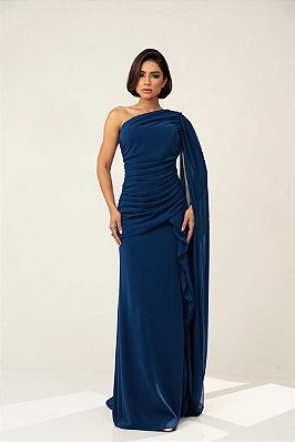 VESTIDO LONGO CREPE OMBRO SÓ COM MANGA CAPA CORPO TODO DRAPEADO AZUL MARINHO