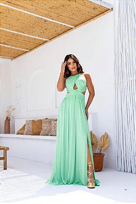 VESTIDO LONGO MICROTULE FRENTE UNICA DECOTE CINTURA TRANSPASSADO FENDA LATERAL VERDE MENTA