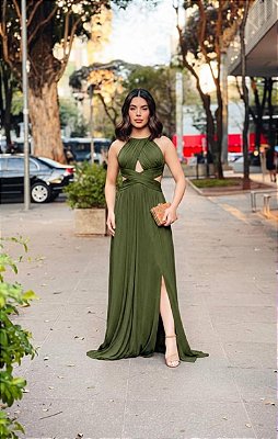 VESTIDO LONGO MICROTULE FRENTE UNICA DECOTE CINTURA TRANSPASSADO FENDA LATERAL VERDE MENTA